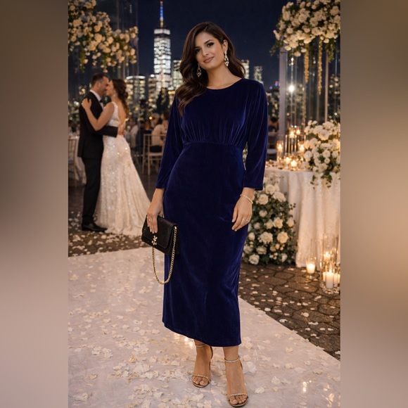 Vintage Dresses & Skirts - Vintage Navy Blue Velvet Midi Dress Shoulder Pads Back Slit USA Made